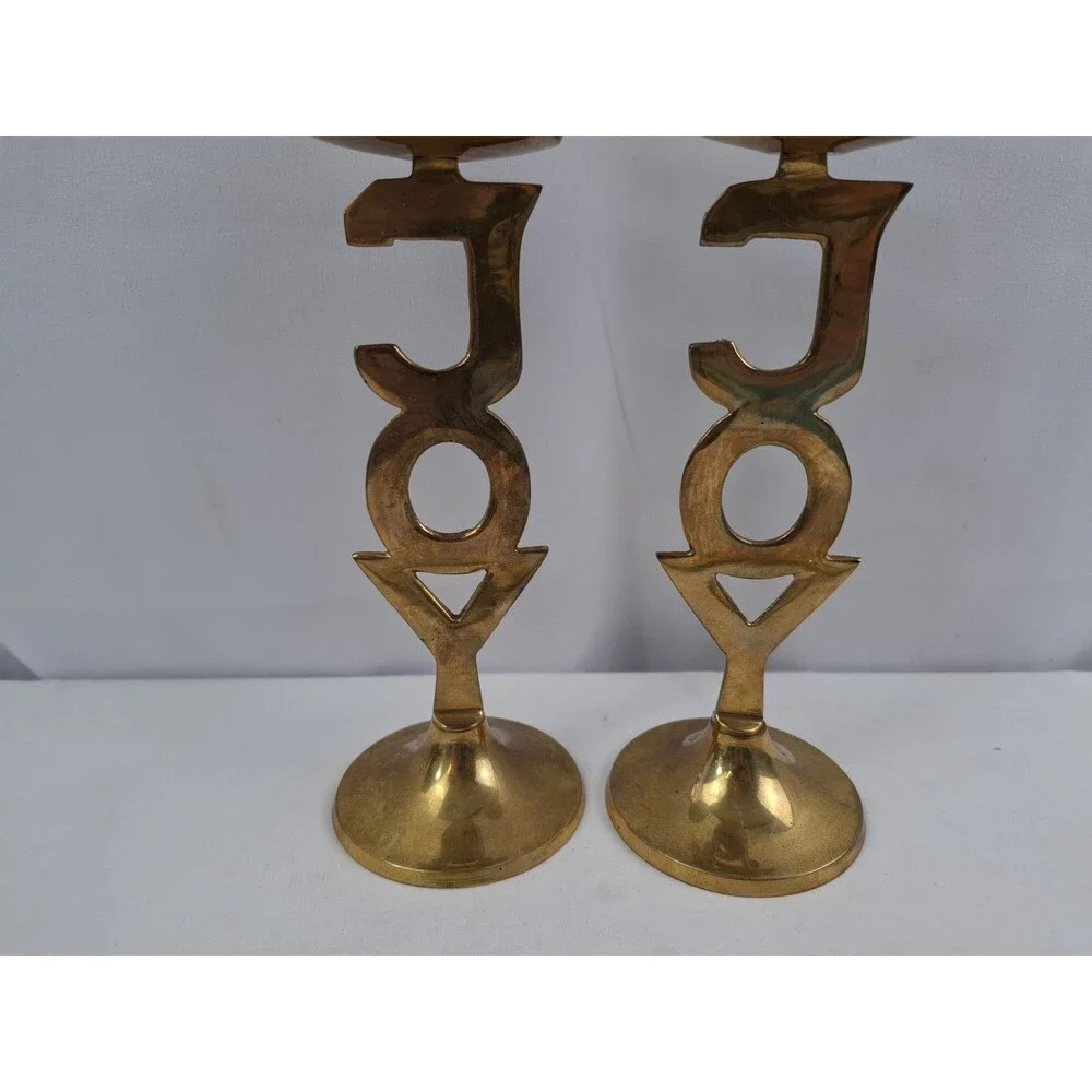 Vtg International Silver Co. Solid Brass JOY Candlestick Holders Set of 2 India